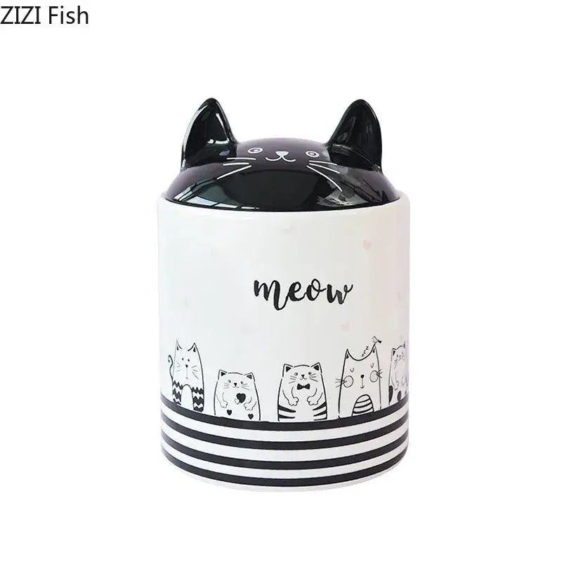 Modern white and black cat ceramic jewelry jar with decorbites black cat design for bedroom storage pot