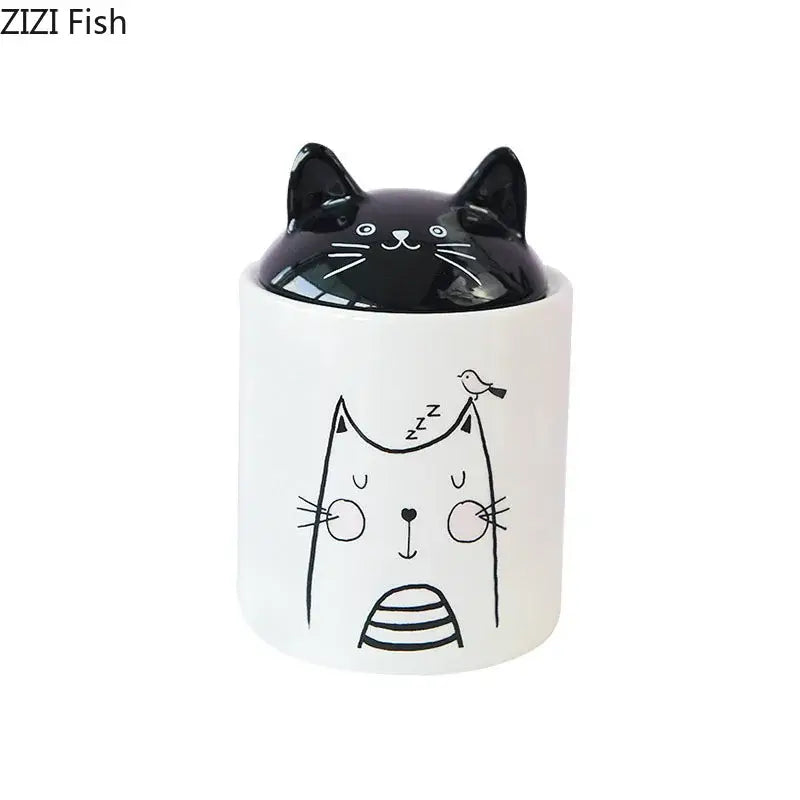 Modern white and black cat ceramic jewelry jar with glossy black cat lid and whimsical sleeping cat line decorbites black cat design