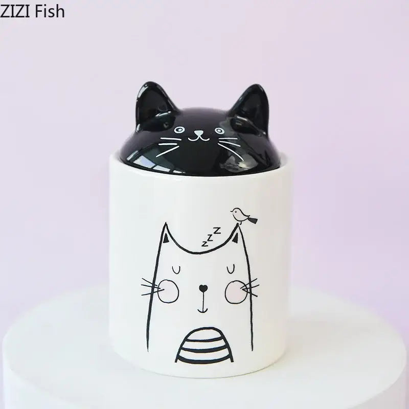 Modern white and black cat ceramic jewelry jar with glossy black cat lid and sleeping cat line drawing for decorbites black cat