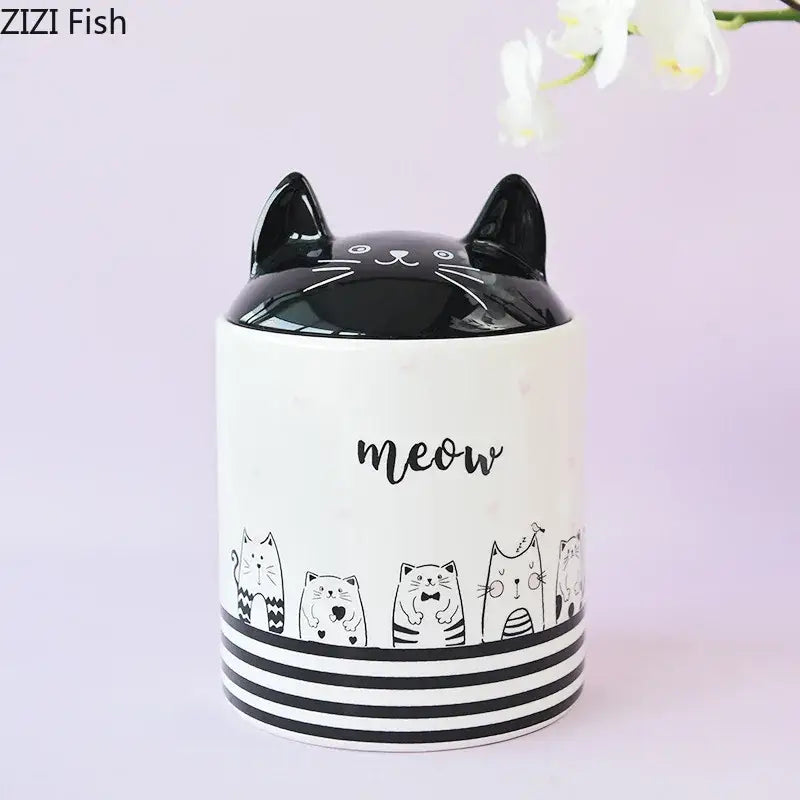 Modern white and black cat ceramic jewelry jar with meow design and decorbites black cat lid for bedroom storage