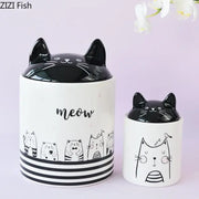 Modern white and black cat ceramic jewelry jar with decorbites black cat illustrations and black cat ceramic glossy lids