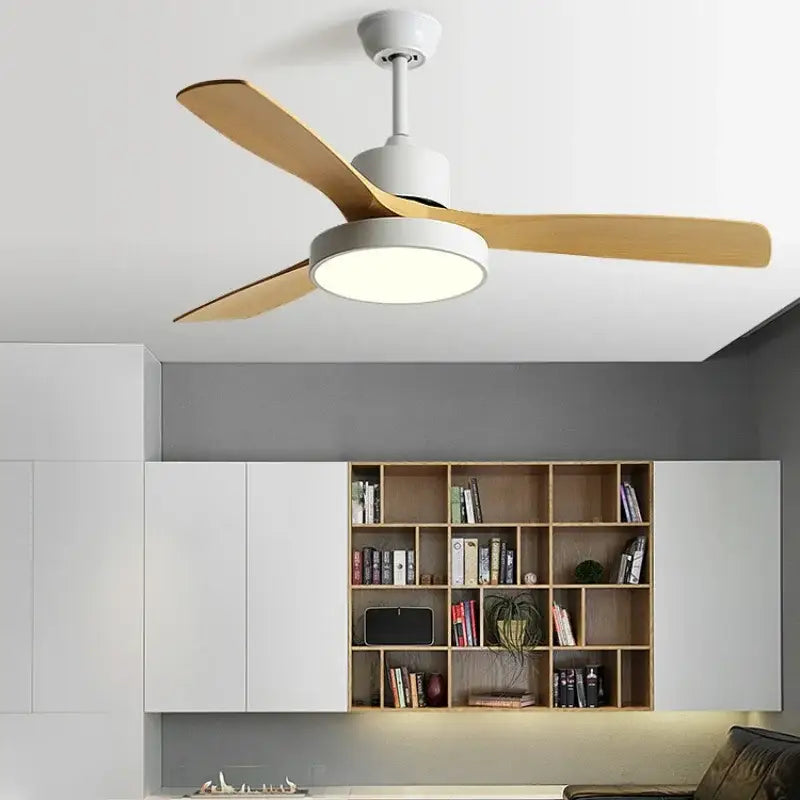 Modern white and black ceiling fan with inch blade copper motor and integrated led light with remote control