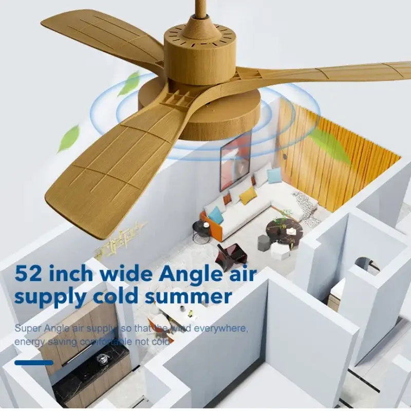 A 52-inch wide wooden ceiling fan with a natural finish and blade copper motor for modern white black bedrooms