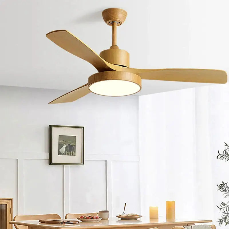 Modern white and black ceiling fan with blade copper motor and integrated circular light fixture for bedroom use