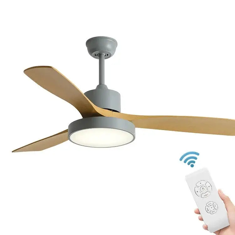 Modern gray and wood-toned ceiling fan with integrated led lighting featuring blade copper motor for bedroom use