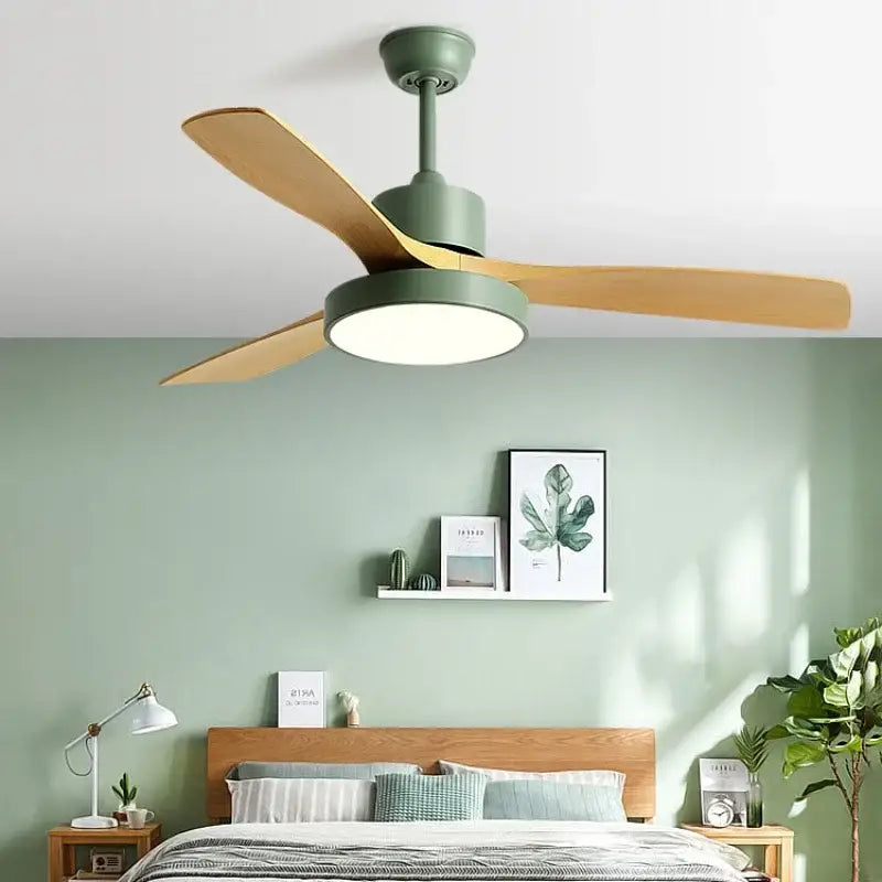 Modern sage green ceiling fan with light wood blades and circular led light featuring blade copper motor design