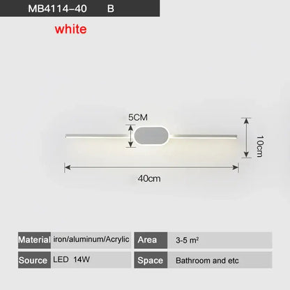 Modern white led wall lamps with iron aluminum acrylic construction and oval light panel for bathroom mirror lighting