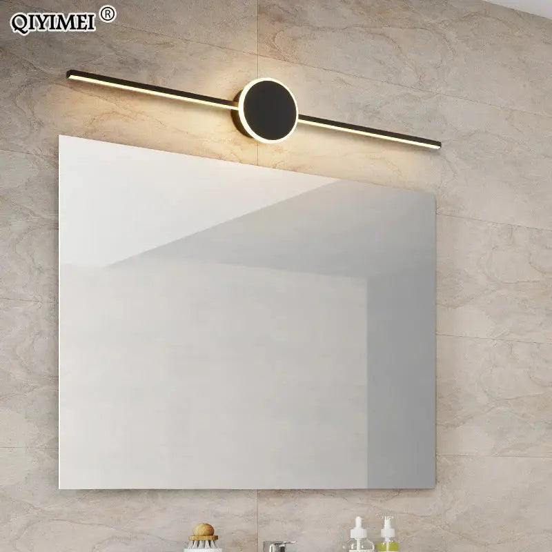 Modern white bathroom mirror with black and gold led wall lamps providing sleek circular led wall lighting