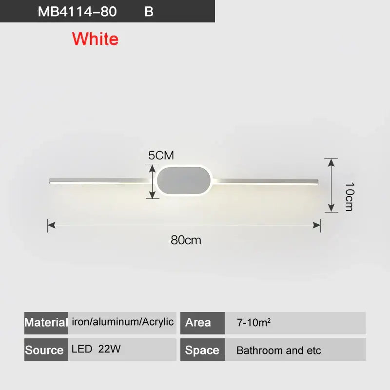 Modern white led wall lamp with sleek elongated rectangular body and central oval accent for bathroom mirrors