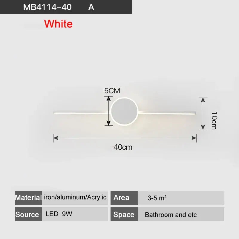 Modern white led wall lamp with sleek horizontal bar and circular center made of iron aluminum acrylic for bathroom mirror lighting