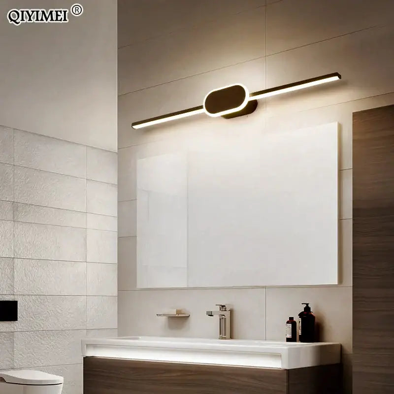 Modern white and black circular led wall lamps bathroom mirror light with sleek black metal frame and warm white illumination