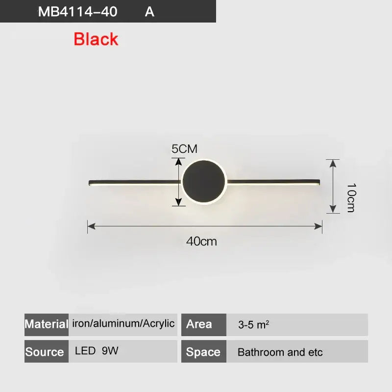Black modern led wall sconce with sleek horizontal bar and circular accent crafted from iron aluminum acrylic for bathroom mirror wall lamps