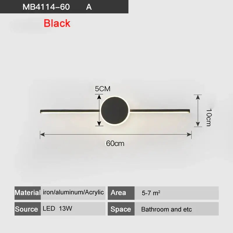 Black modern led wall lamp with sleek horizontal bar and circular accent made of iron aluminum and acrylic for bathroom mirror lighting
