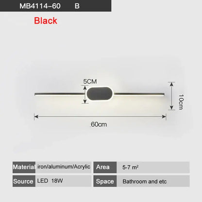 Black modern led wall lamp with sleek iron aluminum acrylic oval design 60cm length for bathroom mirror lighting