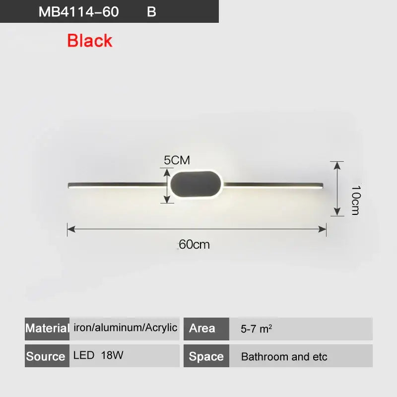 Black modern led wall lamp with sleek iron aluminum acrylic oval design 60cm length for bathroom mirror lighting