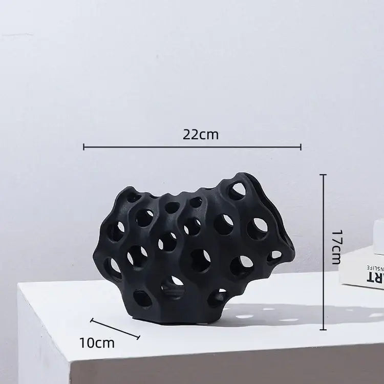 Black ceramic coral geometric resin sculpture with porous organic design for modern living room decor
