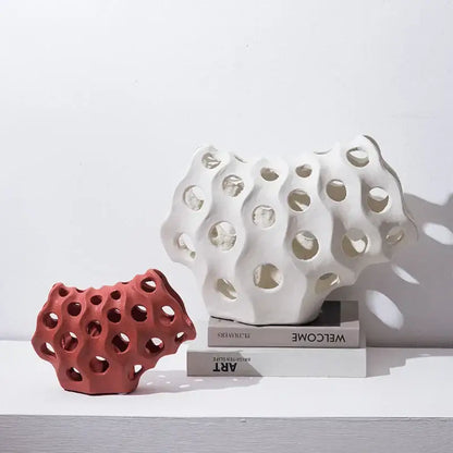 Modern white ceramic coral geometric resin sculpture with porous honeycomb design for living room decor