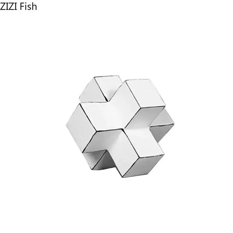 Silver metallic cube block sculpture with interlocking geometric design for modern living room decor