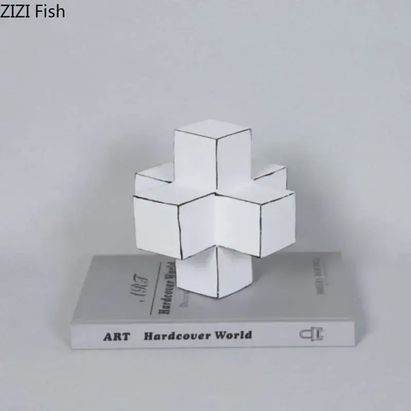 Modern white and black cube block sculpture with geometric black outlined edges for living room decor