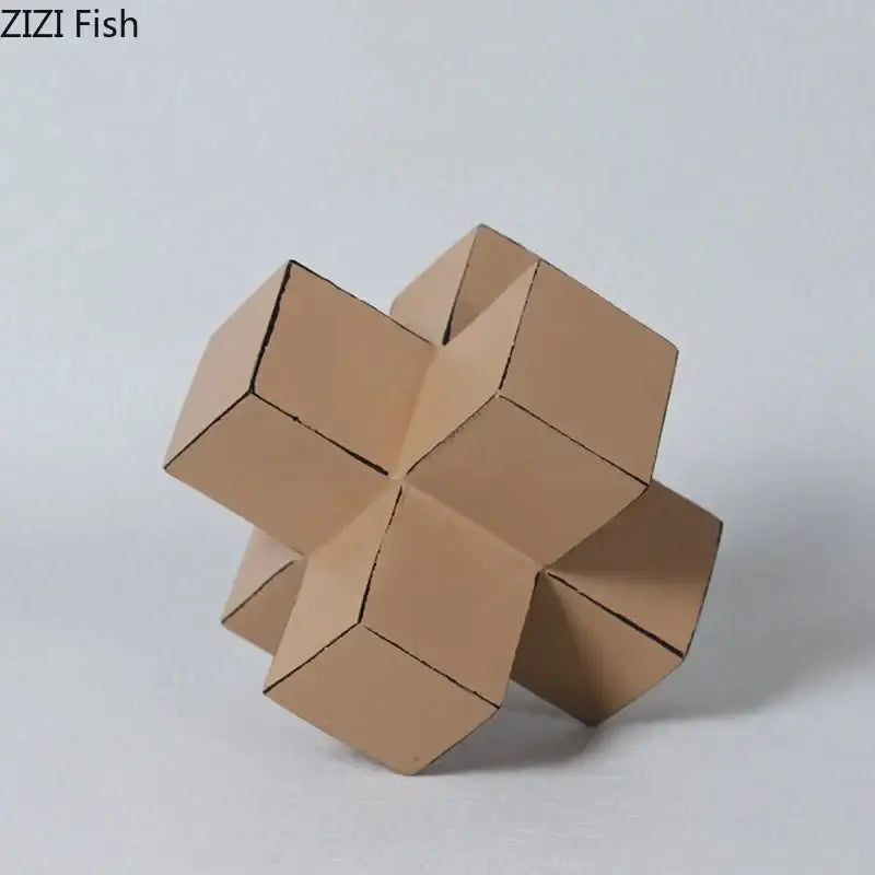 Beige cardboard cube block sculpture with interlocking geometric sections for modern living room decor