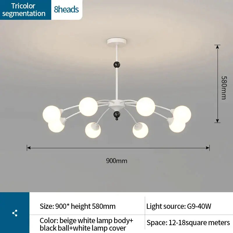 Modern white and black decorbites cream wind chandelier with eight spherical lamps and beige central body for living room use