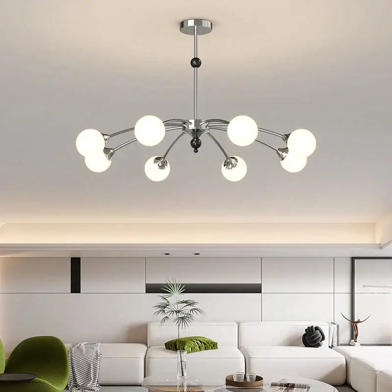 Modern chrome-finished decorbites cream wind chandelier with six frosted glass globes for living room lighting