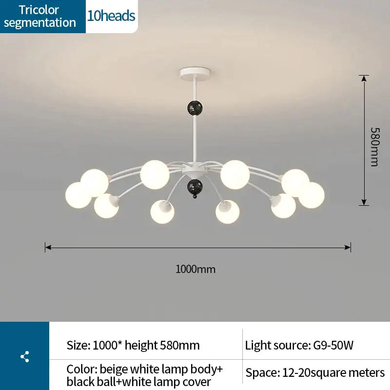 Modern white and black decorbites cream wind chandelier with ten spherical lamp heads for living room lighting