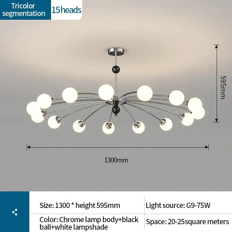 Chrome finished decorbites cream wind chandelier with 15 white lampshades and black center for modern interiors