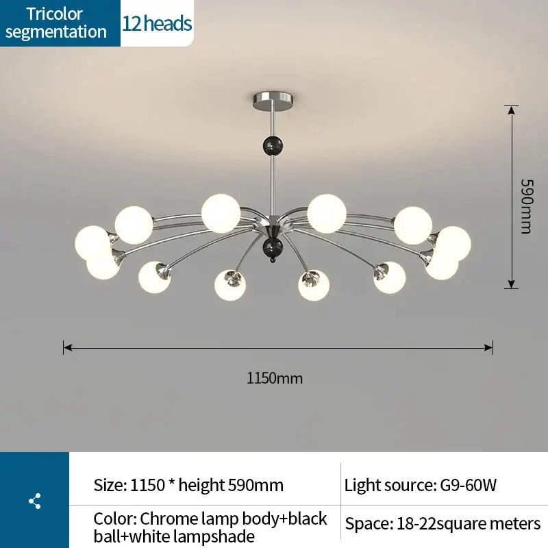 Chrome-finished decorbites cream wind chandelier with twelve white lampshades and central black ball for modern interiors
