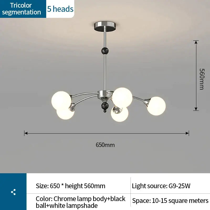 Chrome finished decorbites cream wind chandelier with five white spherical lampshades and black decorative balls