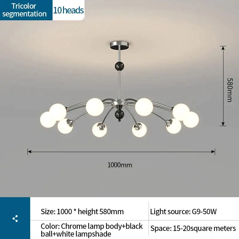 Chrome-finished decorbites cream wind chandelier with ten white spherical lampshades and black decor for modern interiors