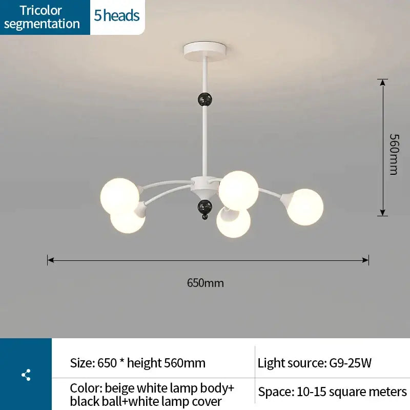 Modern white and black decorbites cream wind chandelier with five spherical lamps for living room lighting