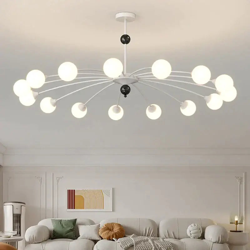 Modern white and black decorbites cream wind chandelier with spherical bulbs and black accent spheres for living rooms