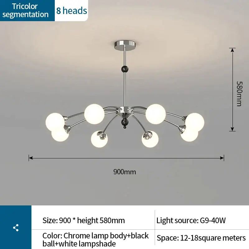 Chrome-finished decorbites cream wind chandelier with eight white spherical lampshades and black central ball for living room lighting