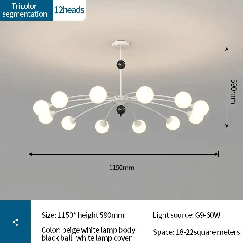 A modern decorbites cream wind chandelier with beige body black accents and white globe light covers for living rooms