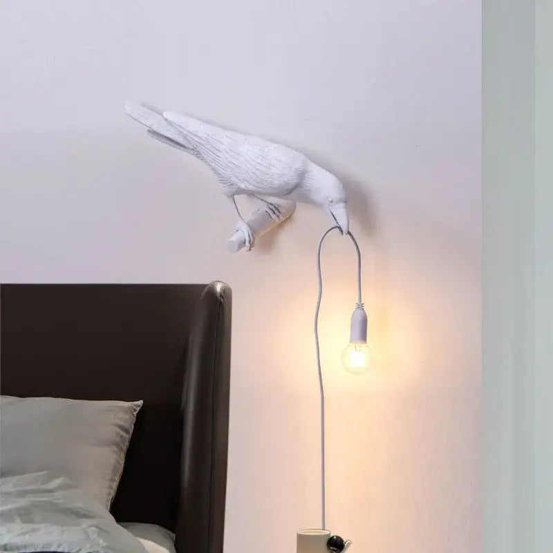 Modern white ceramic wall lamp with dangling bulb featuring decorbites designer bird wall for bedroom light decor