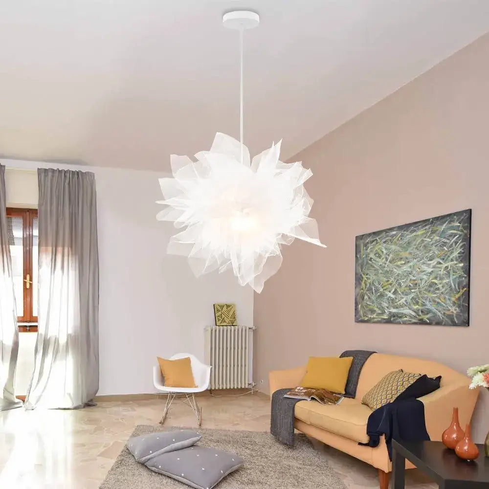 Delicate white fabric feather pendant light with layered petal folds for modern bedroom cloud design