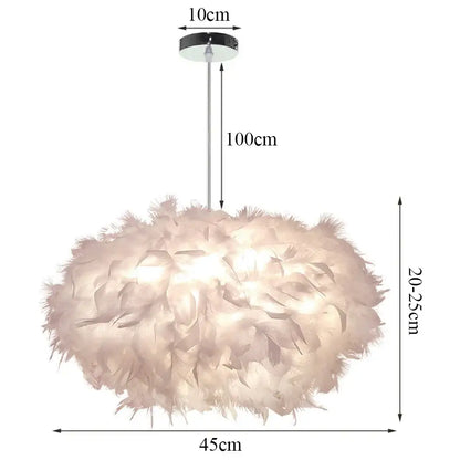 Modern white and black feather pendant light with soft fluffy feathers and chrome stem for bedroom cloud design