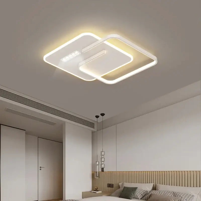 Modern white and black grille led chandelier with sleek overlapping rectangular design and warm led glow for living room decorbites grille led