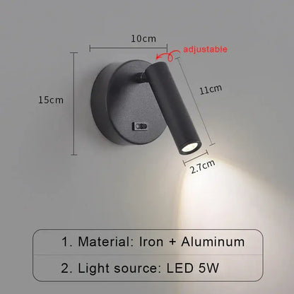 Black adjustable led wall lamp with sleek iron and aluminum finish for modern bedroom reading light