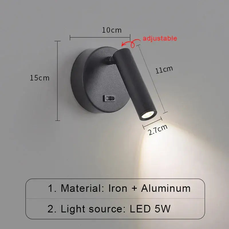 Black adjustable led wall lamp with sleek iron and aluminum finish for modern bedroom reading light