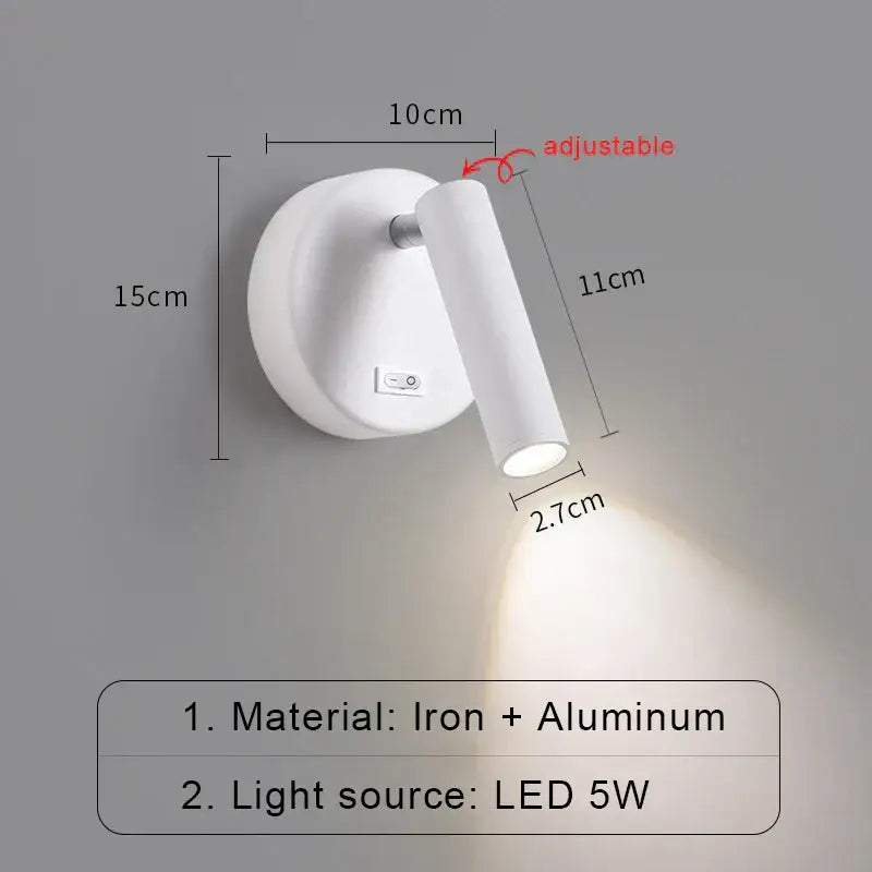 Modern white and black led wall lamp made of iron and aluminum with 5w adjustable light source for bedroom reading