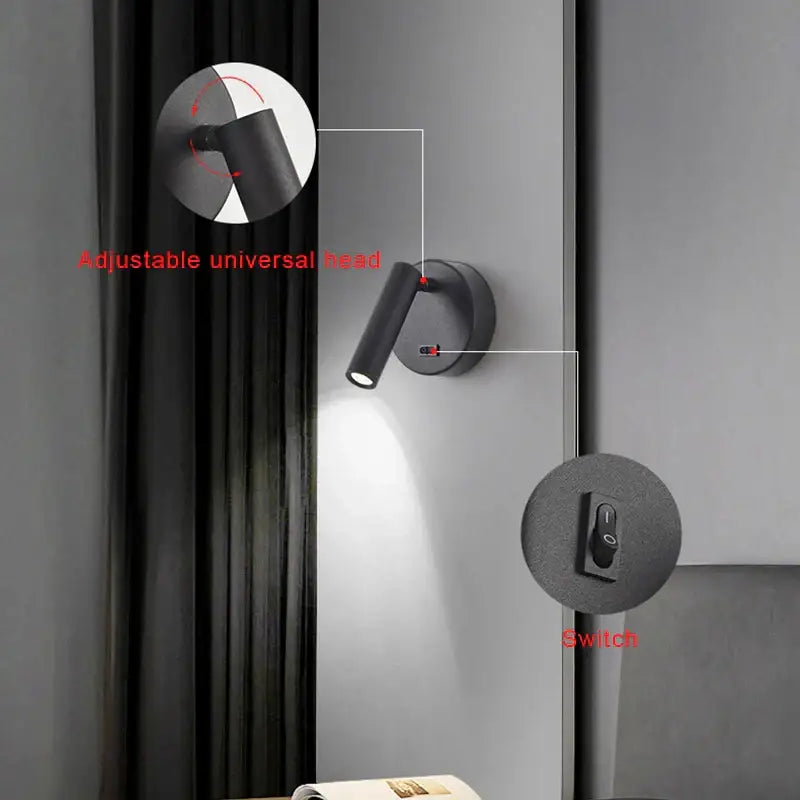 Modern white and black led wall lamp featuring a black matte adjustable reading lamp with universal head and integrated switch