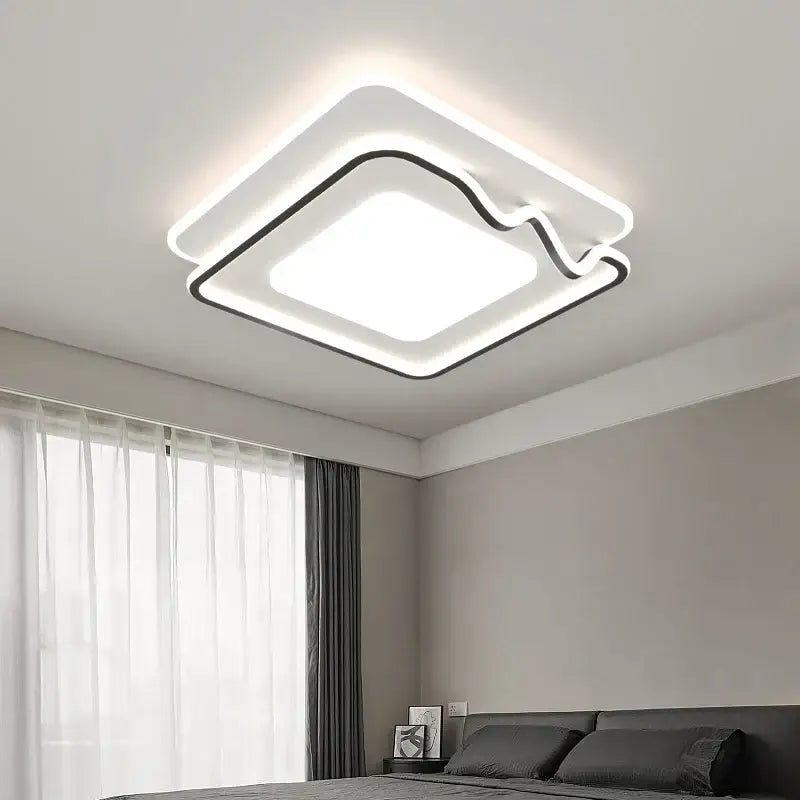 Modern white and black living chandelier lights with sleek square led ceiling lamp and black accent trim for dining room