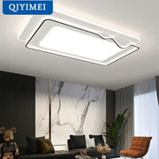 Modern white and black living chandelier lights with a sleek rectangular frame and soft ambient ceiling illumination