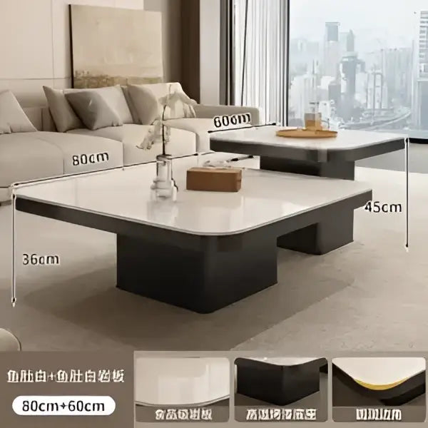 Modern white and black luxury rock square coffee table with a marble top and black base for living room use