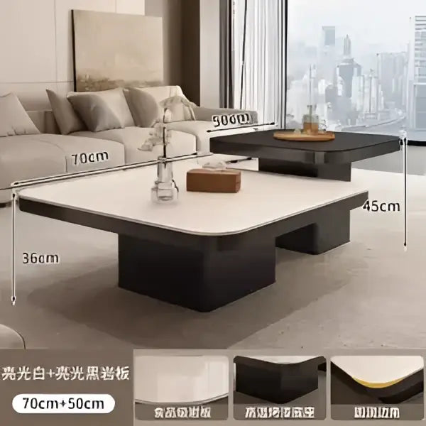 Modern white and black luxury rock square coffee table with a sleek minimalist design for living room use