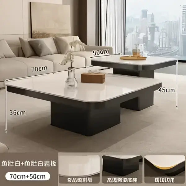 Modern white and black luxury rock square coffee table with a white marble top and black base for living room use