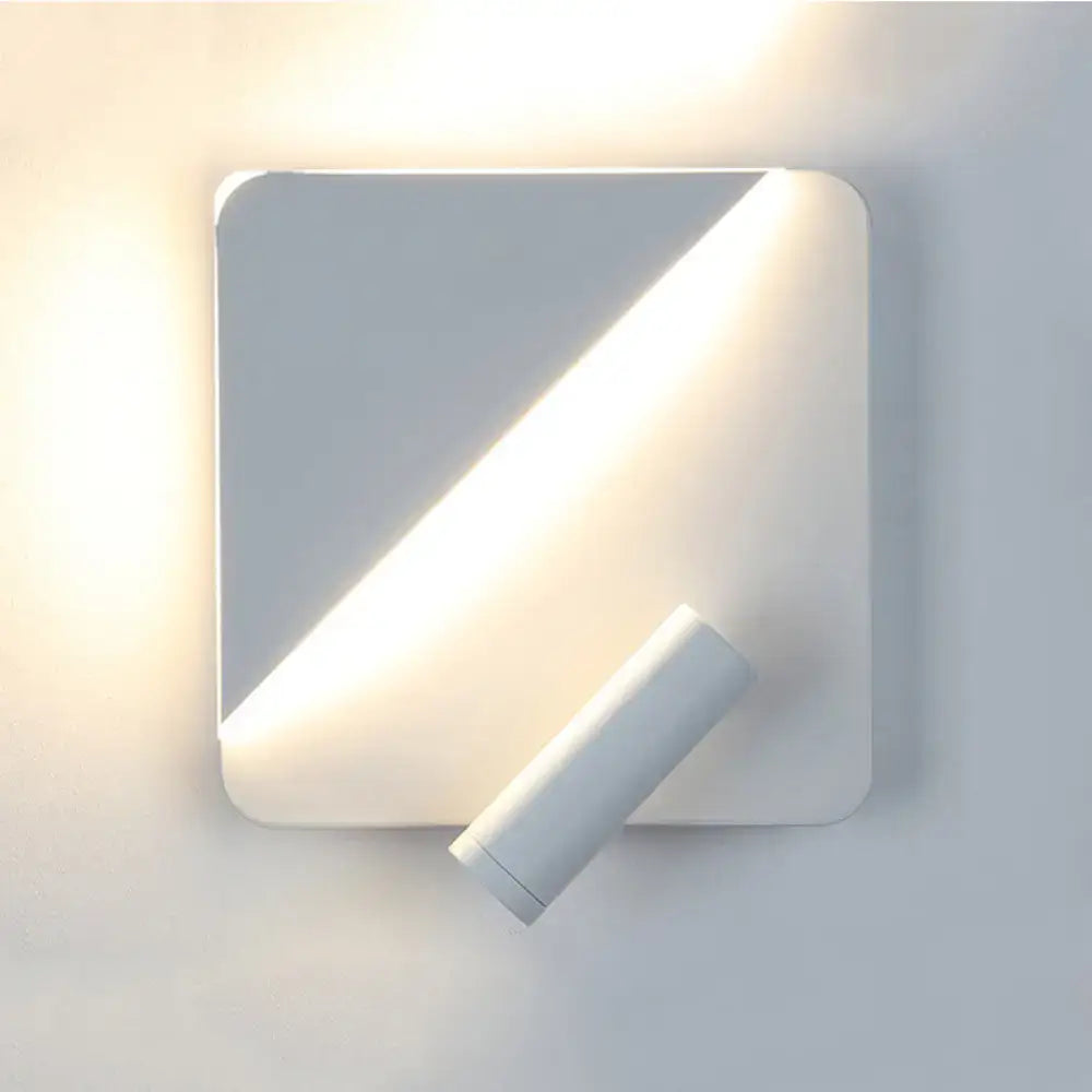Modern white and black minimalist led spotlight wall lamp with a sleek white square sconce and adjustable cylindrical light