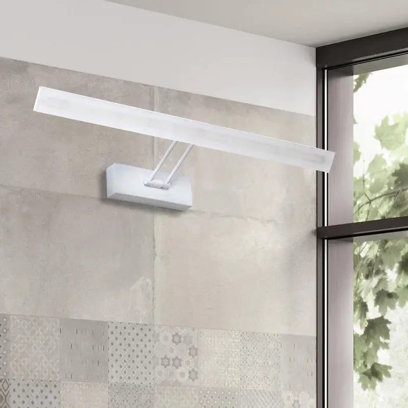 Modern white rectangular led wall light with frosted glass diffuser providing warm white light for bathroom use